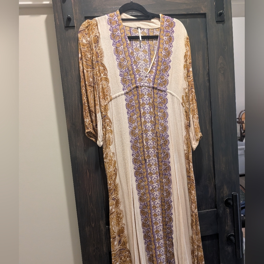 Anthropologie Cream and Purple Maxi Dress